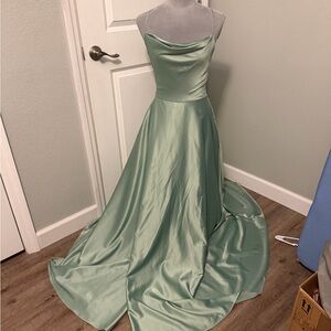 B. Darlin Sage Green Satin Cowl Neck Evening Dress, Sz 5/6